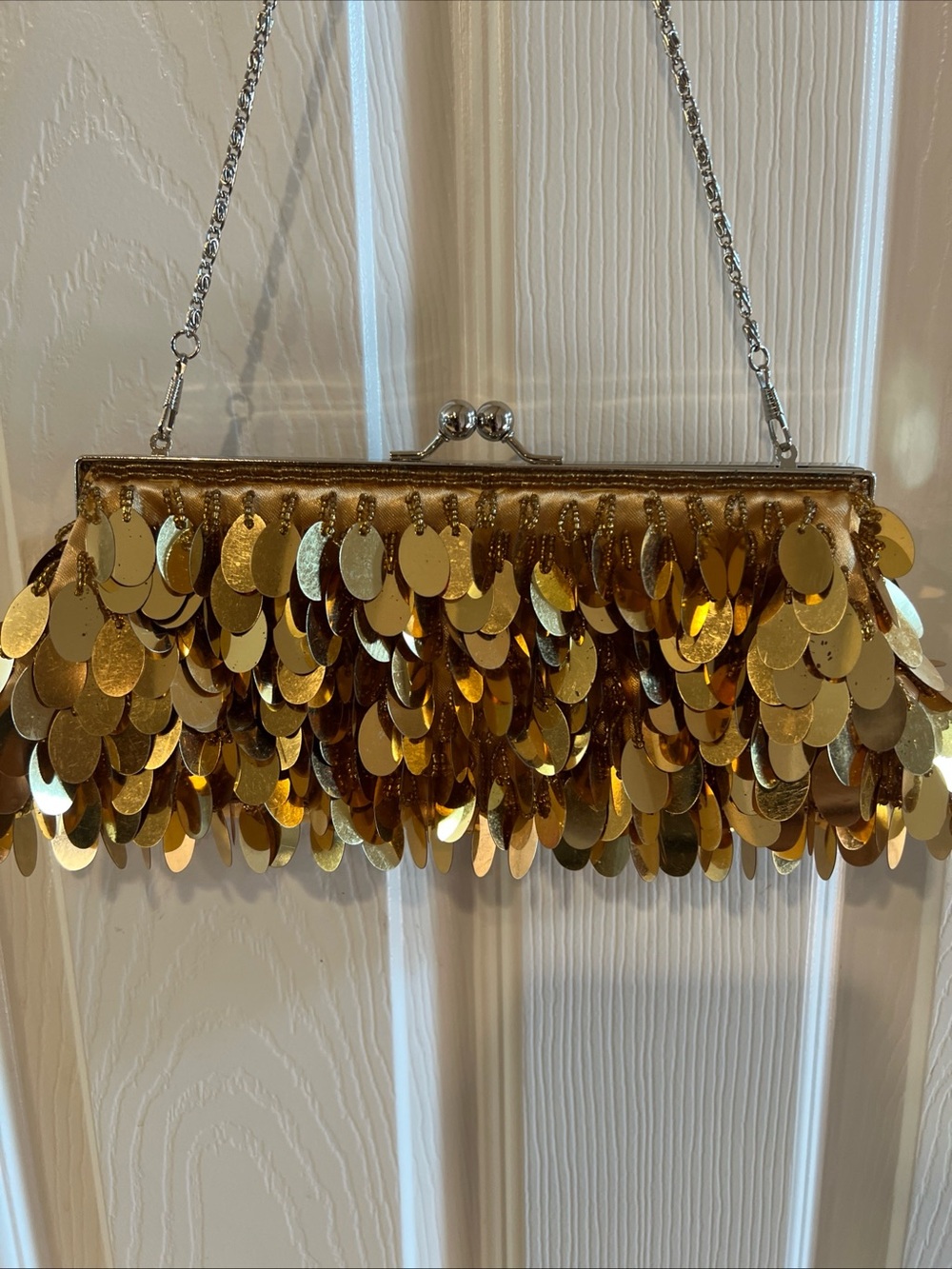 Vintage Gold Sequin Paillette Evening Clutch Purse Shimmer Party Chain Strap Exc